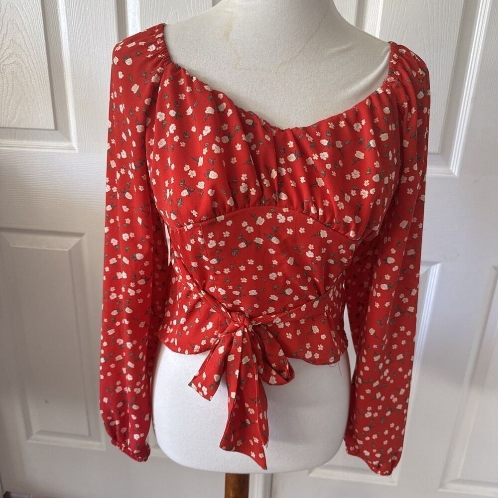 No Boundaries Y2K Red Floral Smocked Tie Front Crop Top Juniors L 11/13